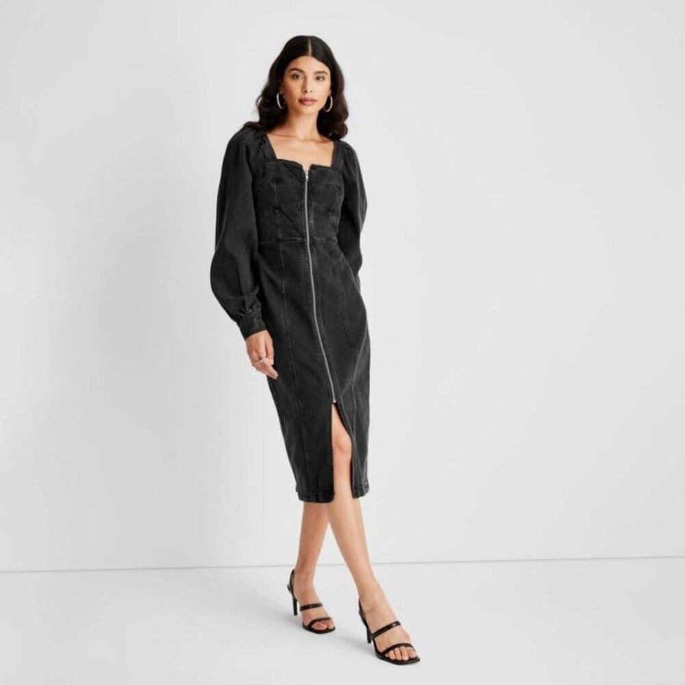 Future Collective | Puff Long Sleeve Zip-Front Denim Dress